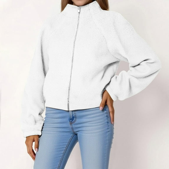 gbyLJF Short Zip Up Jackets for Women Fleece Stand Up Collar Long Sleeve Coat Solid Color Warm Casual Jacket Women's Outwear