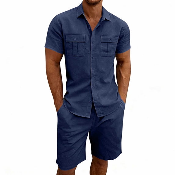 gbyLJF Shorts Sets For Men Button Down Cargo Shirt Matching Shorts Set 2 Piece Summer Outfits with Pockets