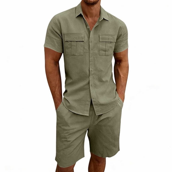 gbyLJF Shorts Sets For Men Button Down Cargo Shirt Matching Shorts Set 2 Piece Summer Outfits with Pockets