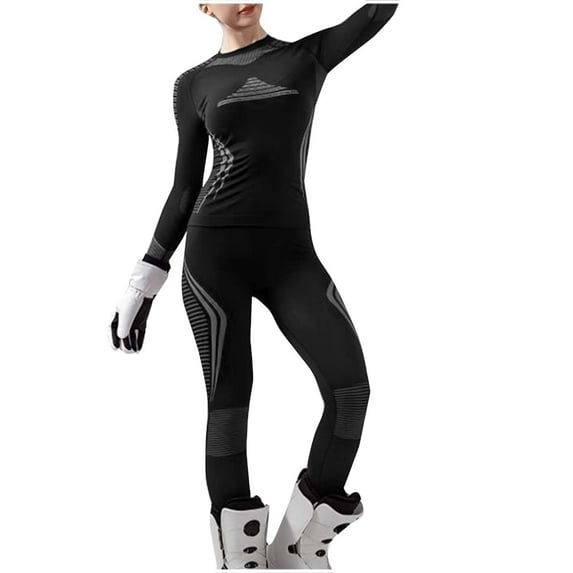 gbyLJF Ski Thermal Base Layer Set for Women Long Sleeve Round Neck Shirt and Leggings Winter Solid Color Warm Underwear Set