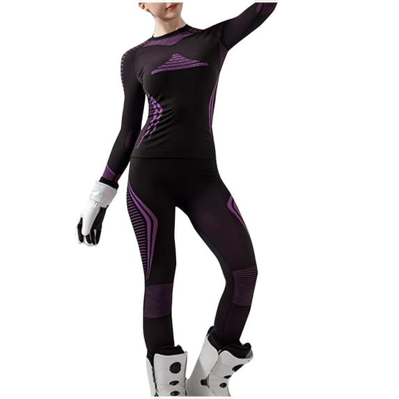 gbyLJF Ski Thermal Base Layer Set for Women Long Sleeve Round Neck Shirt and Leggings Winter Solid Color Warm Underwear Set