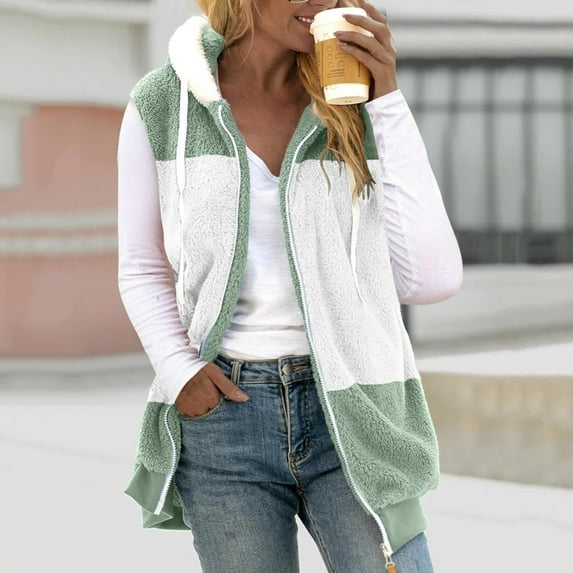 gbyLJF Sleeveless Jacket for Women Color-blocked Drawstring Full Zipper Hoodie Coat Fall Winter Fleece Warm Jackets