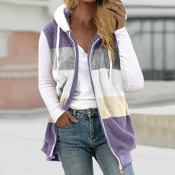 gbyLJF Sleeveless Jacket for Women Color-blocked Drawstring Full Zipper Hoodie Coat Fall Winter Fleece Warm Jackets