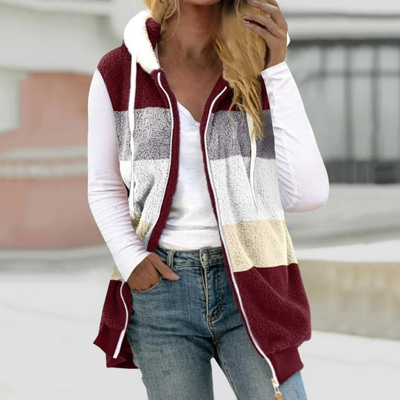 gbyLJF Sleeveless Jacket for Women Color-blocked Drawstring Full Zipper Hoodie Coat Fall Winter Fleece Warm Jackets