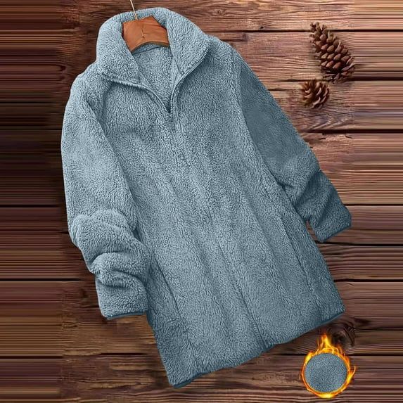 gbyLJF Solid Color Coat for Women Double-sided Fleece Long Sleeve Lapel Outwear Loose Comfor Zipper Jacket with Pockets