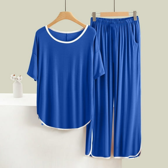 gbyLJF Spring Sets for Women 2 Piece Casual Sets Short Sleeve Pullover Tops Wide Leg Pants Solid Color Summer Outfits