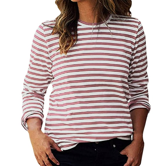 gbyLJF Striped Tees Shirts for Women Long Sleeve 2026 Crew Neck Tops Lightweight Casual Trendy Pullover Shirts
