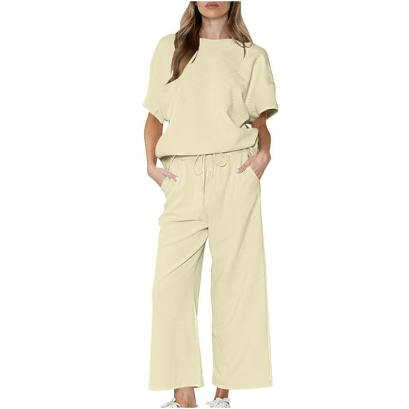 gbyLJF Summer 2 Piece Outfits For Women 2024 Summer Outfit Summer Two Piece Outfits For Women Foldover Pants Set Beige XL