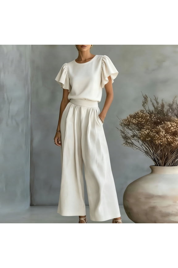 Summer 2 Piece Sets for Women Spring Outfits Ruffle Short Sleeve Top & Elastic Waist Wide Leg Pant Sets