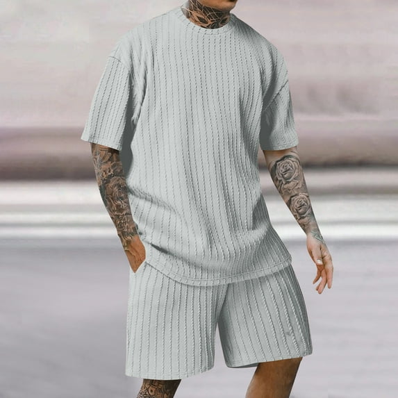 gbyLJF Summer Knit Casual Outfits for Men 2 Piece Short Sleeve T-shirt & Shorts Loose Sets Solid Color Mens Tracksuits