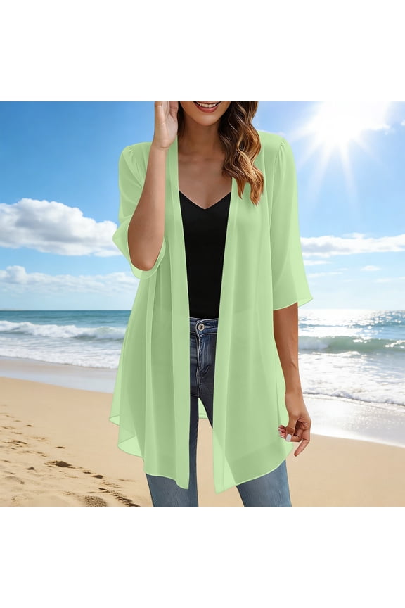 Summer Long Cardigan for Women Loose Fit Cover Up Casual Blouse Summer Open Front Chiffon Top