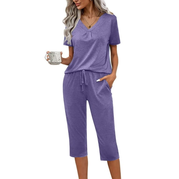 gbyLJF Summer Sets for Women Short Sleeve V-neck Top Loose Fit Cropped Pants Solid Color Two Piece Spring Casual Outfit