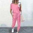 thumbnail image 1 of gbyLJF Summer Sets for Women Short Sleeve V-neck Top Loose Fit Cropped Pants Solid Color Two Piece Spring Casual Outfit, 1 of 5