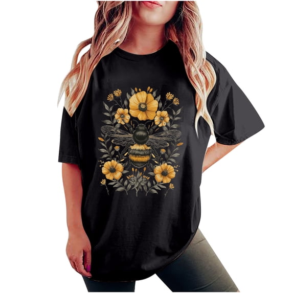gbyLJF Summer Short Sleeve Tops for Women 2024 Crew Neck Drop Shoulder Sleeve T Shirt Oversized Loose Cotton Print Tee Black XXL