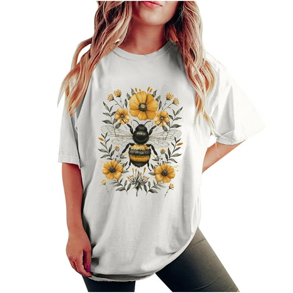 gbyLJF Summer Short Sleeve Tops for Women 2024 Crew Neck Drop Shoulder Sleeve T Shirt Oversized Loose Cotton Print Tee White XL