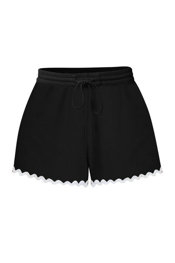 Summer Shorts for Women 2024 Fashion Floral Trim Drawstring Elastic Waist Palazzo Casual Vacation Shorts Black M