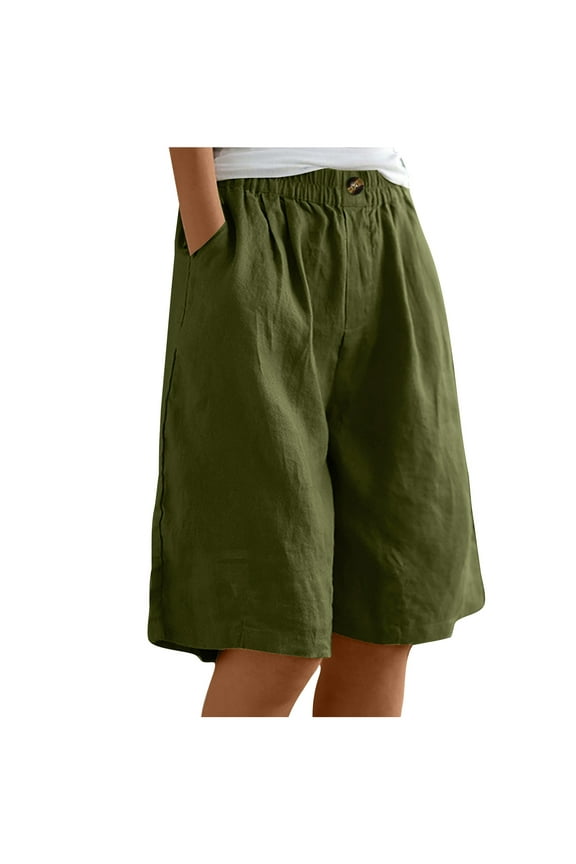 Summer Shorts for Women Cotton Linen Loose Fit Wide Leg Shorts Elastic Waist with Pockets Casual Shorts Army Green M