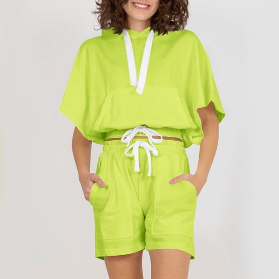 gbyLJF Sweatsuit for Women 2 Piece Short Sleeve Cropped Hoodie and Elastic Waist Drawstring Shorts Set Summer Tracksuits with Pocket