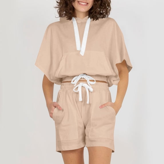 gbyLJF Sweatsuit for Women 2 Piece Short Sleeve Cropped Hoodie and Elastic Waist Drawstring Shorts Set Summer Tracksuits with Pocket