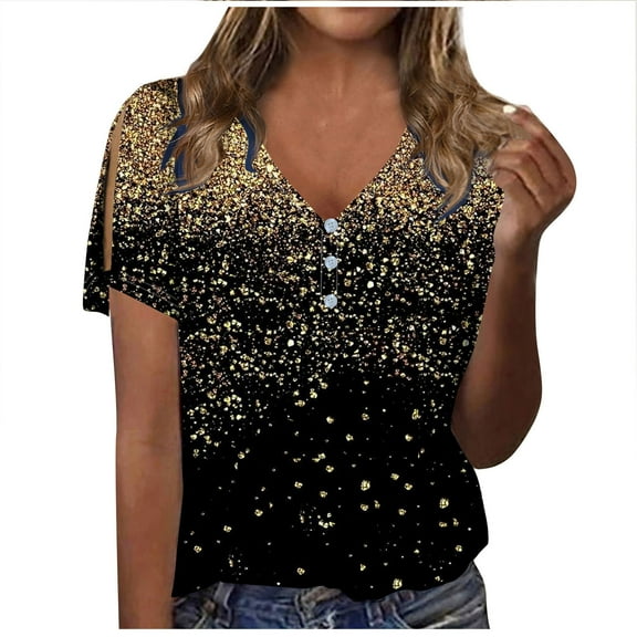 gbyLJF T Shirts For Women V Neck Cotton Work Out Tops Short Sleeve Tops For Women Trendy Shirts Women Gold 3XL