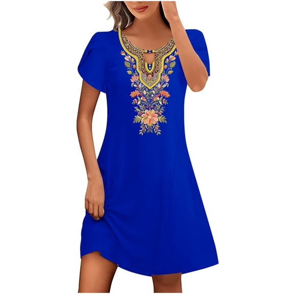 gbyLJF Tie Dye Dress for Women Ruffle Dress Women Plunging Neckline Dress Flowy Formal Dress A03_Blue L