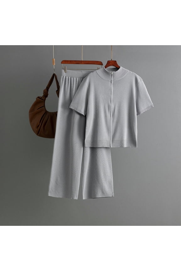 Two Piece Outfits for Women Casual Knit Sets Sweater Sets Solid Color Zipper Short Sleeve Tops Pants Tracksuit