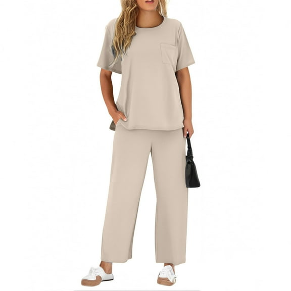 gbyLJF Two Piece Sets for Women Summer Travel Vacation Outfits Short Sleeve Casual Set Wide Leg Pants Sweatsuit with Pockets