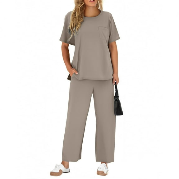 gbyLJF Two Piece Sets for Women Summer Travel Vacation Outfits Short Sleeve Casual Set Wide Leg Pants Sweatsuit with Pockets