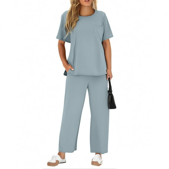 gbyLJF Two Piece Sets for Women Summer Travel Vacation Outfits Short Sleeve Casual Set Wide Leg Pants Sweatsuit with Pockets