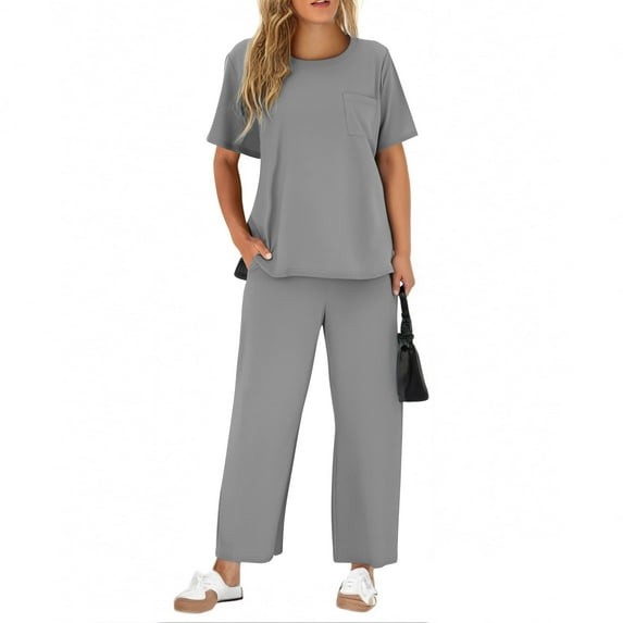 gbyLJF Two Piece Sets for Women Summer Travel Vacation Outfits Short Sleeve Casual Set Wide Leg Pants Sweatsuit with Pockets