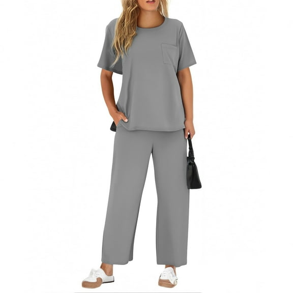 gbyLJF Two Piece Sets for Women Summer Travel Vacation Outfits Short Sleeve Casual Set Wide Leg Pants Sweatsuit with Pockets
