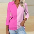 thumbnail image 1 of gbyLJF V-neck Lapel T-shirt for Women Two-color Patchwork 3/4 Length Sleeve Tops Women's Casual Fashion Outfits, 1 of 5