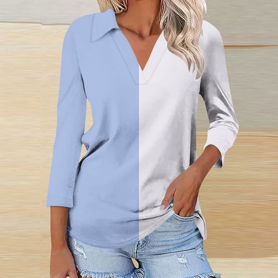 gbyLJF V-neck Lapel T-shirt for Women Two-color Patchwork 3/4 Length Sleeve Tops Women's Casual Fashion Outfits