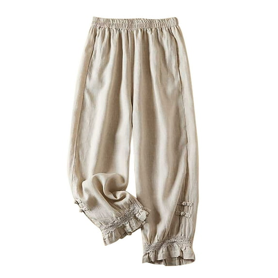 gbyLJF Vintage Linen Pants Womens Elastic Waist Casual Pants Cute Lace Ruffle Trim Cropped Trousers with Pockets Beige XL