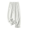 thumbnail image 1 of gbyLJF Vintage Linen Pants Womens Elastic Waist Casual Pants Cute Lace Ruffle Trim Cropped Trousers with Pockets White 3XL, 1 of 5