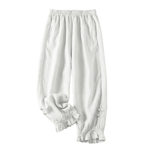 gbyLJF Vintage Linen Pants Womens Elastic Waist Casual Pants Cute Lace Ruffle Trim Cropped Trousers with Pockets White 3XL