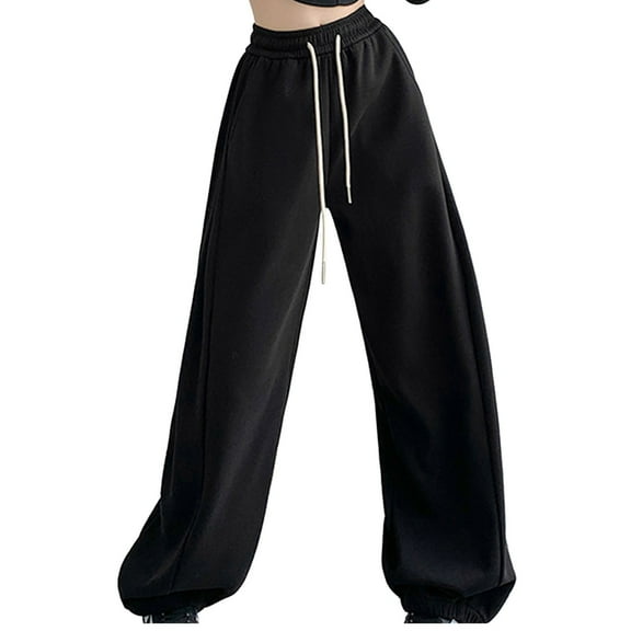 gbyLJF Wide Leg Sweatpants for Women Fall Winter Fashion Y2k Street High Waisted Drawstring Teen Girls Jogger Pants Black M