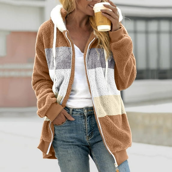 gbyLJF Winter Coats for Women,Fuzzy Fleece Jacket Hooded Color Block Patchwork Cardigan Coats Outerwear Brown 4XL
