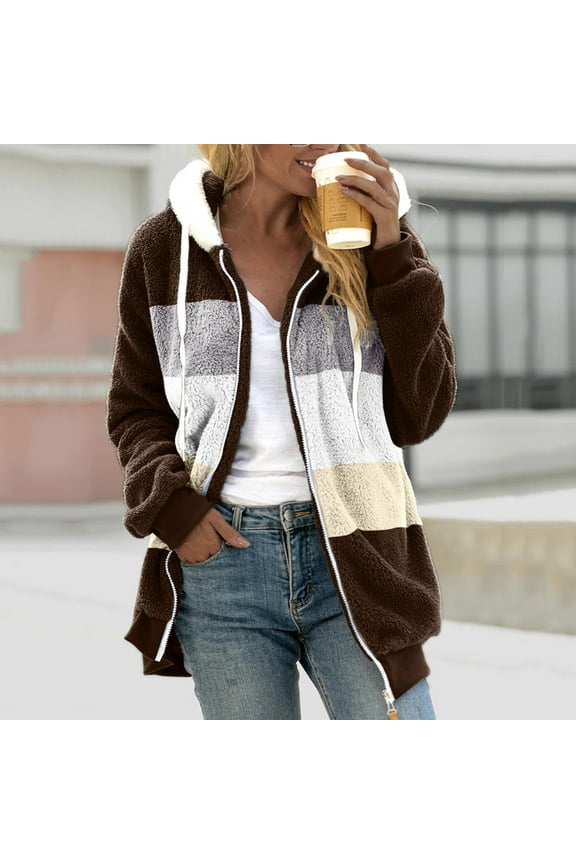 Winter Coats for Women,Fuzzy Fleece Jacket Hooded Color Block Patchwork Cardigan Coats Outerwear Coffee XL