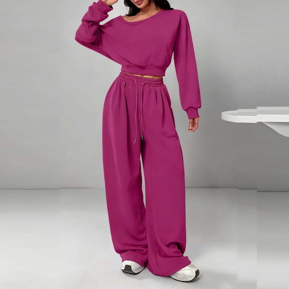 gbyLJF Women 2 Piece Outfits Sweatsuit Set Off Shoulder Crop Sweatshirt Wide Leg Sweatpant Solid Color Casual Set Tracksuit
