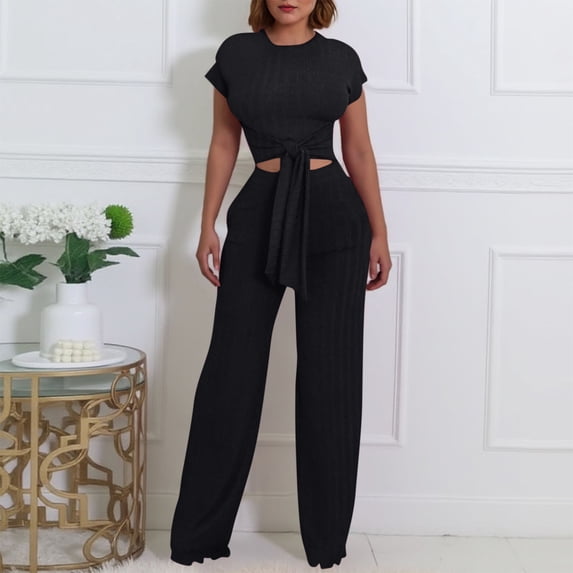 gbyLJF Women 2 Piece Summer Outfits Short Sleeve Tops Wide Leg Pants with Pockets Solid Color Tracksuit Fashion Casual Sets