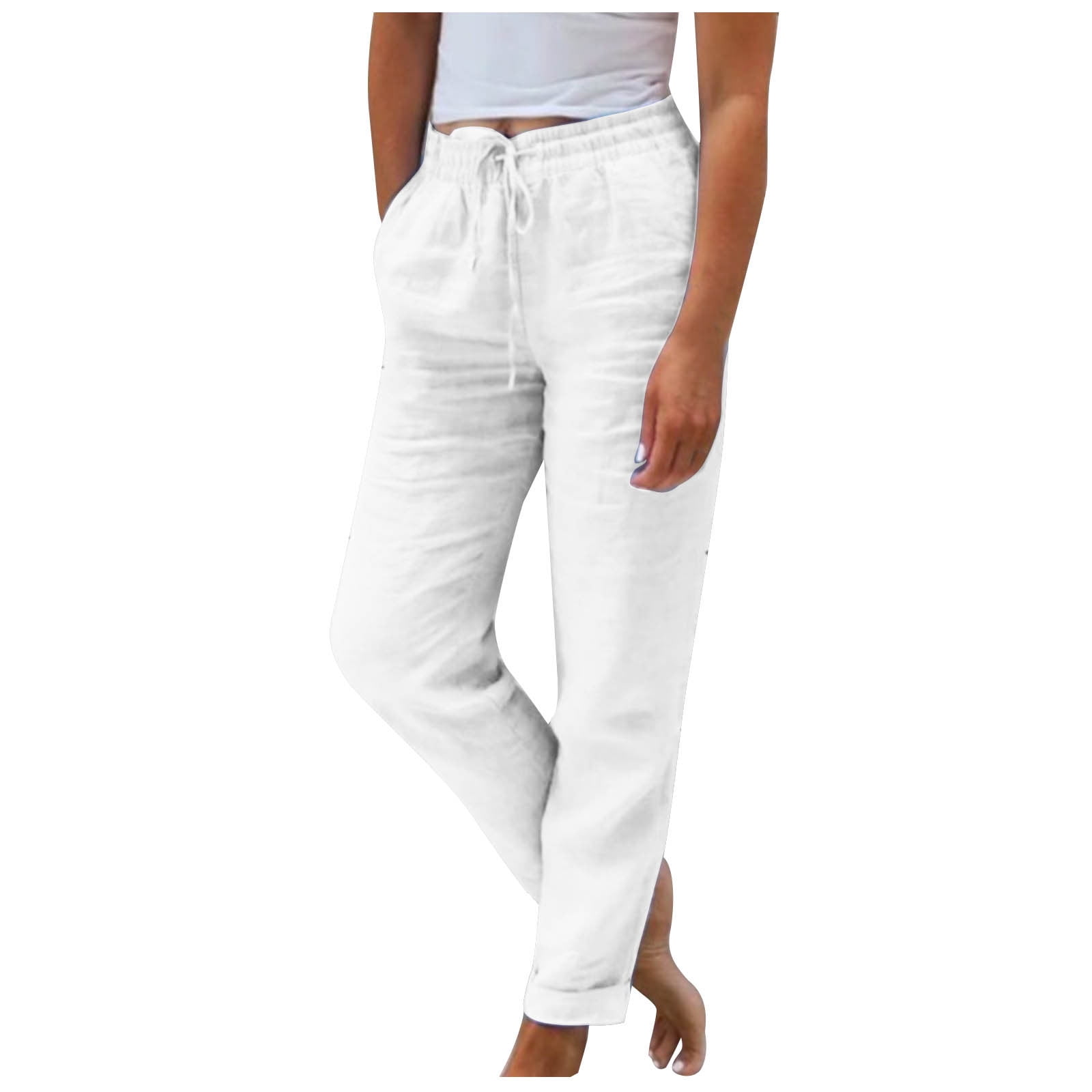 Women’s White Cotton Relaxed Fit Pants with Drawstring – Lightweight Summer Lounge Trousers