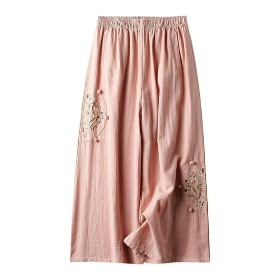 gbyLJF Women Linen Capris Pants Baggy Flowy Wide Leg Pants Elastic High Waisted Comfy Vintage Embroidered Cropped Pants