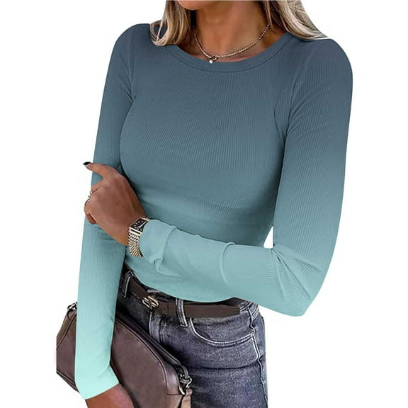 gbyLJF Women Long Sleeve Shirts Gradient Color Slim Fit Tops Basic Tee 2025 Fall Outfits Knit Casual Crewneck T-Shirt Underscrubs Layer Clothes