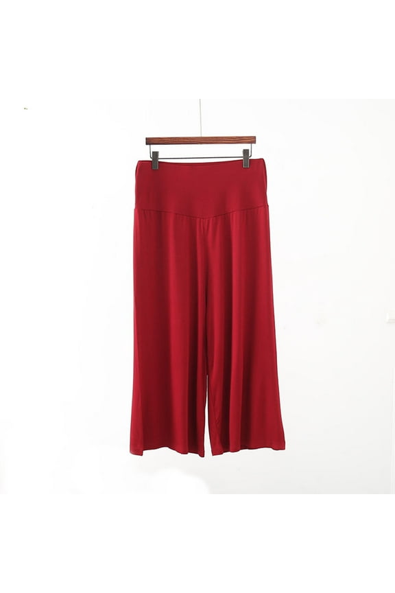 Women Modal Yoga Pants Stretchy Casual Pants Flare Leg Elastic Workout Capris Summer Cropped Pants Wine,L