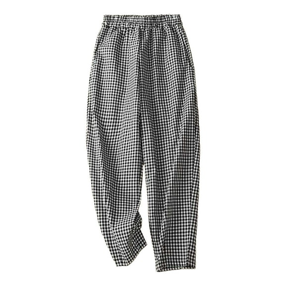 gbyLJF Women Plaid Pants Summer Casual Drawstring High Waist Straight Leg Trousers Y2K Gingham Casual Pants A01_Black M
