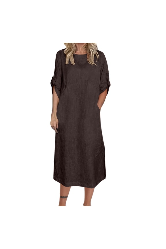 Women' S Cocktail Dress Summer Linen Dress Plus Size Dress for Women Floral Wrap Dress Coffee L