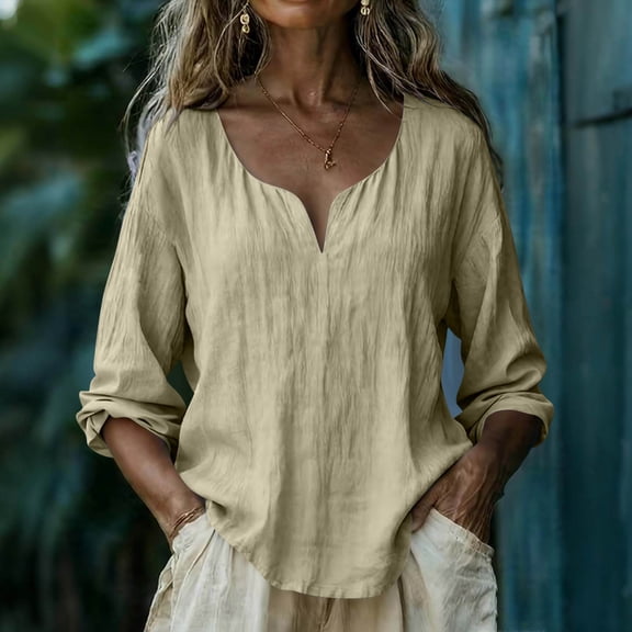 gbyLJF Women V Neck Shirts Cotton Lined Loose Fit Long Sleeve T-Shirts Spring Solid Color Casual Tops Blouse