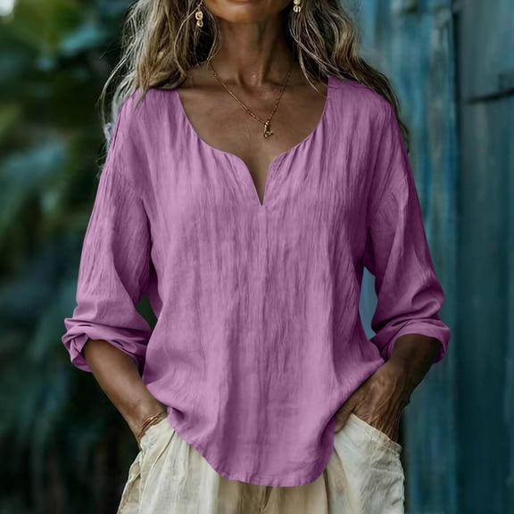 gbyLJF Women V Neck Shirts Cotton Lined Loose Fit Long Sleeve T-Shirts Spring Solid Color Casual Tops Blouse