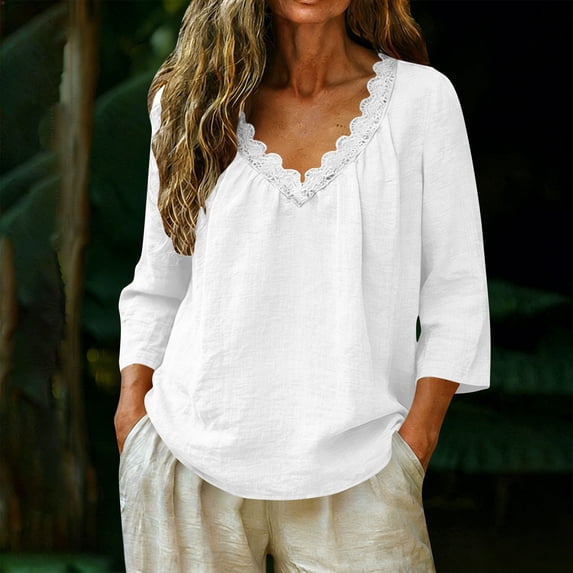 gbyLJF Womens Lace V Neck Shirts Cotton Lined Loose Fit 3/4 Length Sleeve T-Shirts Spring Solid Color Casual Tops Blouse
